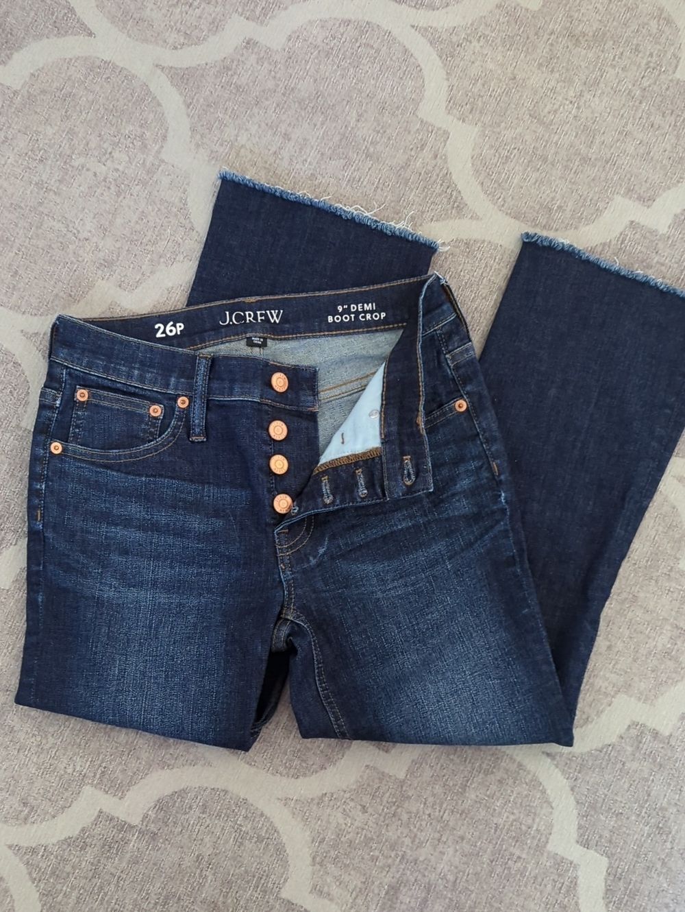 J. Crew Dark Blue 9" Demi Rise Boot Crop Jeans Size 26P Button Fly Frey Hem